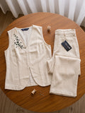 Women’s Cream Linen Co-Ord Set with Sleeveless V-Neck Top & Wide-Leg Pants