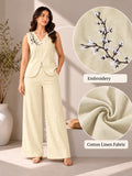 Women’s Cream Cotton Linen Sleeveless Embroidered Waistcoat and Wide-Leg Trouser Co-Ord Set