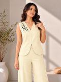 Women’s Cream Cotton Linen Sleeveless Embroidered Waistcoat and Wide-Leg Trouser Co-Ord Set