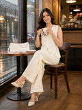 Women’s Cream Linen Co-Ord Set with Sleeveless V-Neck Top & Wide-Leg Pants