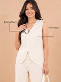 Women’s Cream Linen Co-Ord Set with Sleeveless V-Neck Top & Wide-Leg Pants