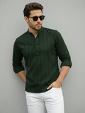 100% Cotton Green Mens Strip Full Sleeve Kurta