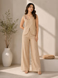 Women’s Beige Linen Co-Ord Set with Sleeveless V-Neck Top & Wide-Leg Pants