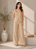 Women’s Beige Linen Co-Ord Set with Sleeveless V-Neck Top & Wide-Leg Pants