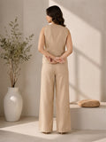 Women’s Beige Linen Co-Ord Set with Sleeveless V-Neck Top & Wide-Leg Pants