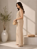Women’s Beige Linen Co-Ord Set with Sleeveless V-Neck Top & Wide-Leg Pants