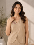 Women’s Beige Linen Co-Ord Set with Sleeveless V-Neck Top & Wide-Leg Pants