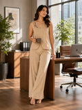 Women’s Beige Linen Co-Ord Set with Sleeveless V-Neck Top & Wide-Leg Pants