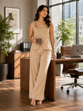 Women’s Beige Linen Co-Ord Set with Sleeveless V-Neck Top & Wide-Leg Pants