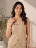 Women’s Beige Linen Co-Ord Set with Sleeveless V-Neck Top & Wide-Leg Pants