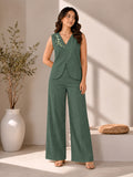 Women’s Dark Green Cotton Linen Co-Ord Set with Embroidered Sleeveless Top and Wide-Leg Pants
