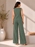 Women’s Dark Green Cotton Linen Co-Ord Set with Embroidered Sleeveless Top and Wide-Leg Pants