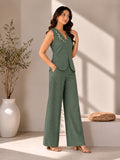 Women’s Dark Green Cotton Linen Co-Ord Set with Embroidered Sleeveless Top and Wide-Leg Pants