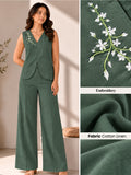 Women’s Dark Green Cotton Linen Co-Ord Set with Embroidered Sleeveless Top and Wide-Leg Pants