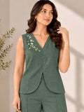 Women’s Dark Green Cotton Linen Co-Ord Set with Embroidered Sleeveless Top and Wide-Leg Pants