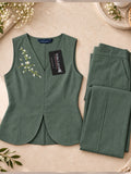 Women’s Dark Green Cotton Linen Co-Ord Set with Embroidered Sleeveless Top and Wide-Leg Pants
