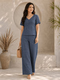 Women’s Cotton Linen Co-ord Set | Solid Blue V-Neck Top & Wide-Leg Pants | Stylish Casual & Everyday Wear