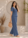 Women’s Cotton Linen Co-ord Set | Solid Blue V-Neck Top & Wide-Leg Pants | Stylish Casual & Everyday Wear