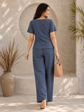 Women’s Cotton Linen Co-ord Set | Solid Blue V-Neck Top & Wide-Leg Pants | Stylish Casual & Everyday Wear