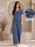 Women’s Cotton Linen Co-ord Set | Solid Blue V-Neck Top & Wide-Leg Pants | Stylish Casual & Everyday Wear
