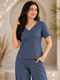 Women’s Cotton Linen Co-ord Set | Solid Blue V-Neck Top & Wide-Leg Pants | Stylish Casual & Everyday Wear