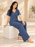 Women’s Cotton Linen Co-ord Set | Solid Blue V-Neck Top & Wide-Leg Pants | Stylish Casual & Everyday Wear