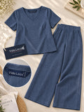 Women’s Cotton Linen Co-ord Set | Solid Blue V-Neck Top & Wide-Leg Pants | Stylish Casual & Everyday Wear