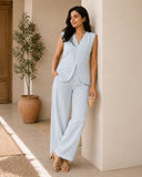 Women’s Light Grey Linen Co-Ord Set with Sleeveless V-Neck Top & Wide-Leg Pants
