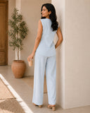 Women’s Light Grey Linen Co-Ord Set with Sleeveless V-Neck Top & Wide-Leg Pants