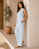 Women’s Light Grey Linen Co-Ord Set with Sleeveless V-Neck Top & Wide-Leg Pants