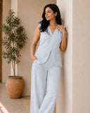 Women’s Light Grey Linen Co-Ord Set with Sleeveless V-Neck Top & Wide-Leg Pants
