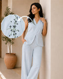 Women’s Light Grey Linen Co-Ord Set with Sleeveless V-Neck Top & Wide-Leg Pants