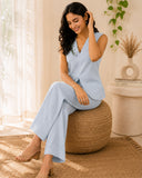 Women’s Light Grey Linen Co-Ord Set with Sleeveless V-Neck Top & Wide-Leg Pants