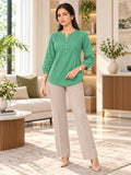 Women’s Rayon Solid Green Top | Round Neck Button Detail Full Sleeve Top | Casual & Everyday Wear