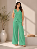 Women’s Green Cotton Linen Co-Ord Set with Embroidered Sleeveless Top and Wide-Leg Trousers