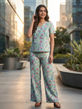 Women's Floral Printed Cotton Night Suit Co-ord Set | Half Sleeve Top & Full-Length Pyjama | Soft & Breathable Sleepwear