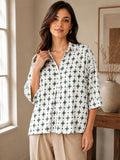 Women’s Pure Cotton Printed Top | 3/4 Sleeve Relaxed Fit Collared Casual & Office Wear Shirt