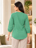 Women’s Rayon Solid Green Top | Round Neck Button Detail Full Sleeve Top | Casual & Everyday Wear