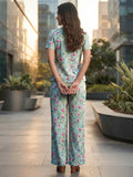 Women's Floral Printed Cotton Night Suit Co-ord Set | Half Sleeve Top & Full-Length Pyjama | Soft & Breathable Sleepwear
