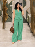 Women’s Green Cotton Linen Co-Ord Set with Embroidered Sleeveless Top and Wide-Leg Trousers