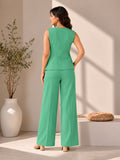 Women’s Green Cotton Linen Co-Ord Set with Embroidered Sleeveless Top and Wide-Leg Trousers