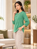 Women’s Rayon Solid Green Top | Round Neck Button Detail Full Sleeve Top | Casual & Everyday Wear