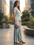 Women's Floral Printed Cotton Night Suit Co-ord Set | Half Sleeve Top & Full-Length Pyjama | Soft & Breathable Sleepwear