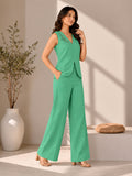 Women’s Green Cotton Linen Co-Ord Set with Embroidered Sleeveless Top and Wide-Leg Trousers