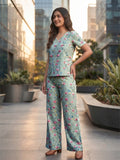 Women's Floral Printed Cotton Night Suit Co-ord Set | Half Sleeve Top & Full-Length Pyjama | Soft & Breathable Sleepwear