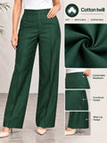 Women’s Dark Green Cotton Twill High-Waist Wide-Leg Trousers