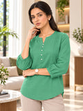 Women’s Rayon Solid Green Top | Round Neck Button Detail Full Sleeve Top | Casual & Everyday Wear