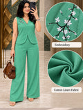 Women’s Green Cotton Linen Co-Ord Set with Embroidered Sleeveless Top and Wide-Leg Trousers