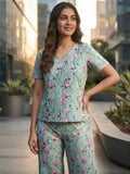 Women's Floral Printed Cotton Night Suit Co-ord Set | Half Sleeve Top & Full-Length Pyjama | Soft & Breathable Sleepwear