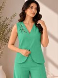 Women’s Green Cotton Linen Co-Ord Set with Embroidered Sleeveless Top and Wide-Leg Trousers